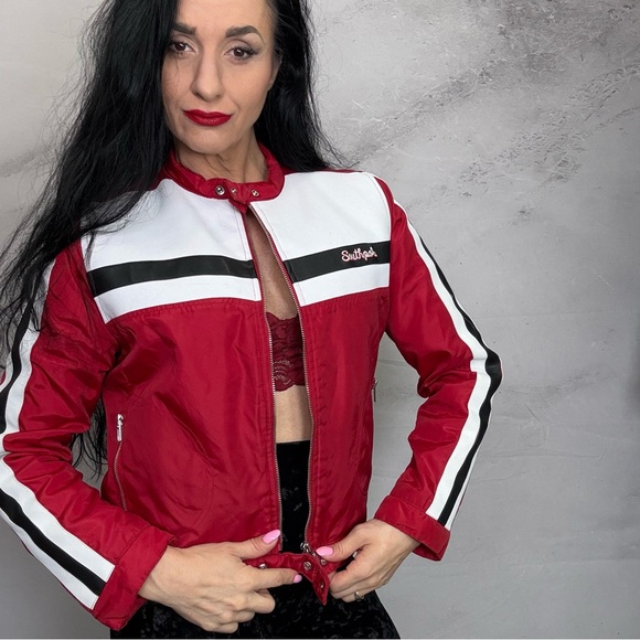 South Pole Jackets & Blazers - Red and White Bomber Jacket with Stand-Up Collar